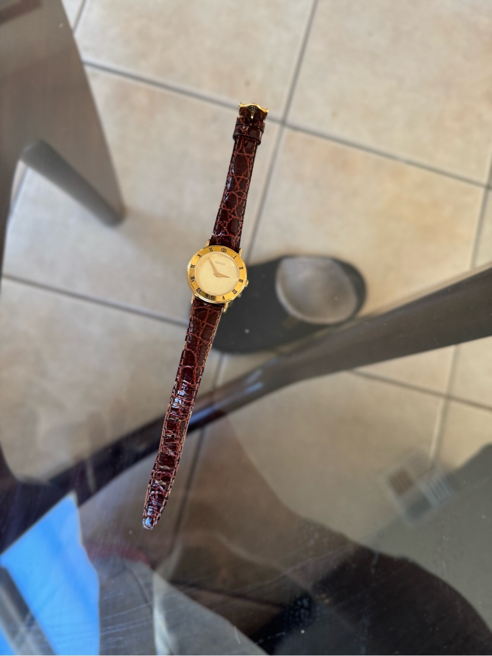 Gucci Croc Embossed Watch with Brown Leather